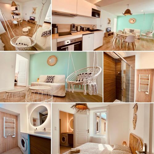 un collage de quatre photos d'une pièce dans l'établissement La Suite Balinaise - Home Homy, à Saint-Florent-sur-Cher