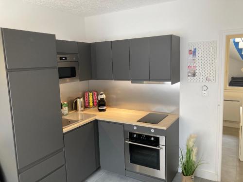 - une petite cuisine avec des placards gris et un évier dans l'établissement Appartement Le Cœur Grau, au Grau-du-Roi