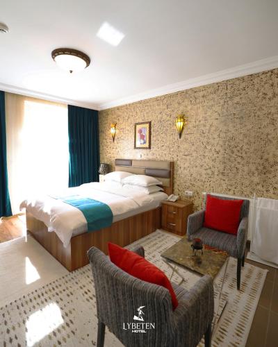 a bedroom with a bed and a couch and a chair at HOTEL LYBETEN in Ferizaj