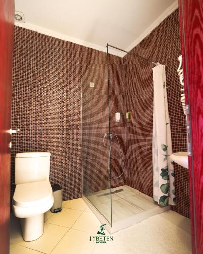 a bathroom with a toilet and a glass shower at HOTEL LYBETEN in Ferizaj