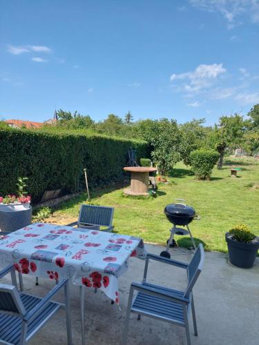 a table and two chairs and a grill in a yard at Les Tourterelles in Laquenexy