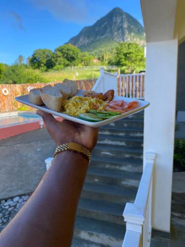a person holding a plate of food on aucer at Desired View vacation rentals in LʼIvrogne