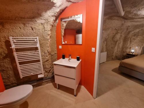 モンルイ・シュル・ロワールにあるTroglo en bord de Loire, entre vignes et châteauxの洞窟内のバスルーム(洗面台、トイレ付)