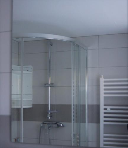 La salle de bains est pourvue d'un miroir et d'une douche. dans l'établissement Le Ponthieu de Bayeux, à Bayeux