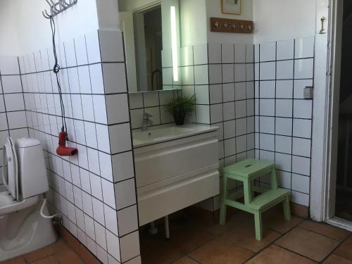 a bathroom with a sink and a mirror and a toilet at Hostel California in Hinge