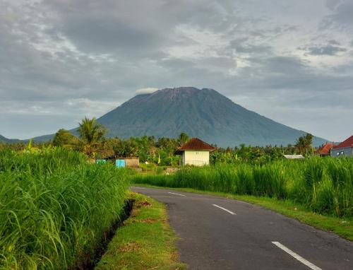 a road with a mountain in the background at Pondok Radnata in Tenganan
