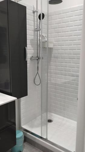 une douche avec une porte vitrée dans une salle de bain dans l'établissement Studio 