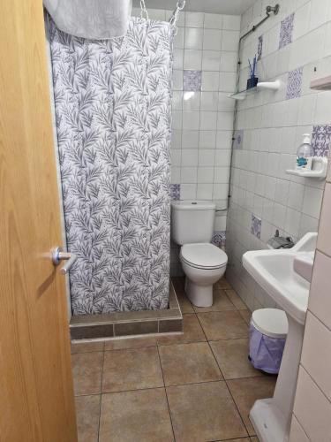 a bathroom with a shower curtain and a toilet at Apartamento ILA in Gandía