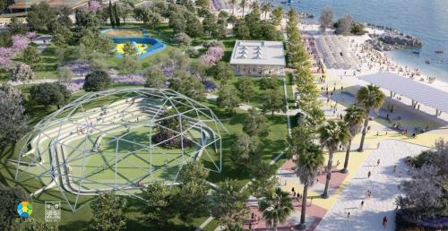 an overhead view of a park with a roller coaster at SeaSide Haven in Split