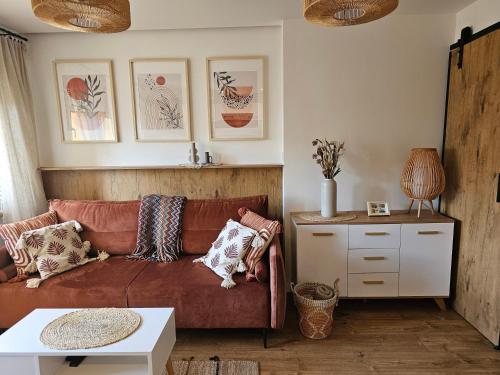 ein Wohnzimmer mit einem braunen Sofa und einem Tisch in der Unterkunft Apartament Pienińska Sowa in Szczawnica