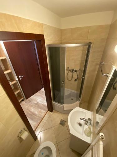 a bathroom with a shower and a toilet and a sink at Dulcinea Life in Deva