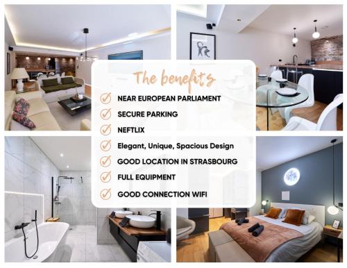un collage de photos d'une chambre et d'un salon dans l'établissement LE LUXURY LOFT - PARLEMENT EUROPÉEN l PARKING l NETFLIX - SPACIEUX & UNIQUE, à Strasbourg