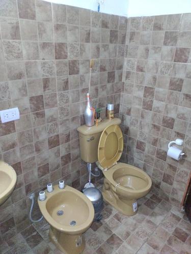 a bathroom with a toilet and a sink at Cabañas LOS NARANJOS in Andalgalá