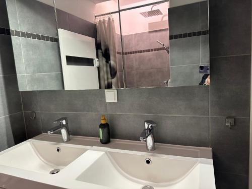 a bathroom with a sink and a mirror at Moderne und komfortable Appartements im Ferienpark Hahnenklee in Hahnenklee-Bockswiese