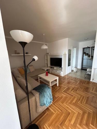 a living room with a couch and a lamp at APARTMENT CENTRAL No 5 in Apatin