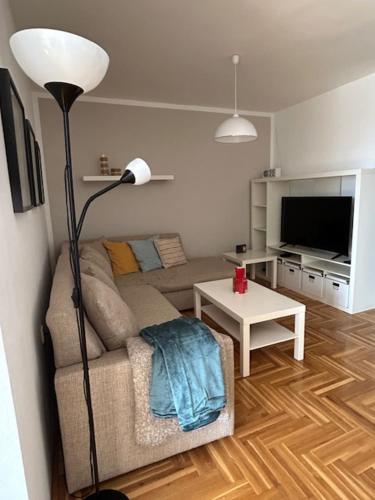 a living room with a couch and a lamp at APARTMENT CENTRAL No 5 in Apatin