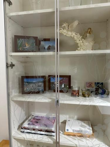 a white book shelf filled with books and other items at APARTMENT CENTRAL No 5 in Apatin