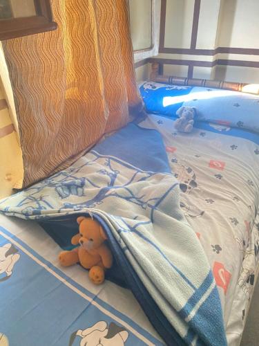 مدينه الشروق القاهره في Madīnat ash Shurūq: دمية دب ملقاة على سرير تحت بطانية