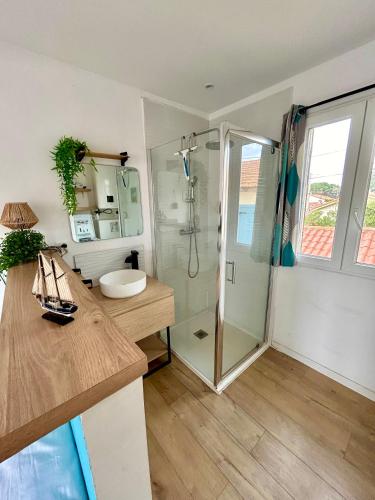 une salle de bain avec douche et lavabo dans l'établissement Jolie maisonnette à la plage avec extérieur et parking pr juillet et aout slmt, à Canet