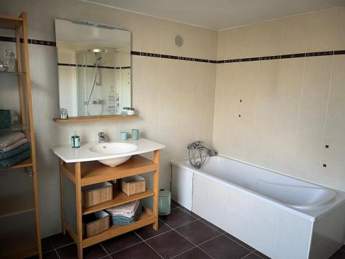 a bathroom with a tub and a sink and a mirror at A la campagne in Saint-Calez-en-Saosnois