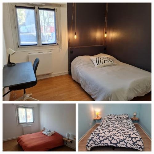 une chambre avec un lit, une table et une fenêtre dans l'établissement Dans les Nuages - Entrée autonome - Mulhouse Centre, à Mulhouse