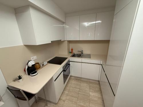 a white kitchen with white cabinets and a sink at San Carlo Luxury Apartments in Lugano