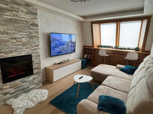 ヤホリナにあるBlue Winter Heavenのソファと暖炉のあるリビングルーム
