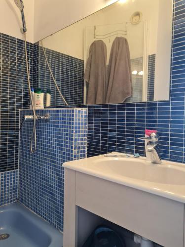 une salle de bain avec un lavabo et un miroir dans l'établissement Studio cabin at Port Camargue, au Grau-du-Roi