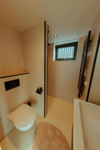 a small bathroom with a toilet and a window at Venti Beach Houses in Zandvoort