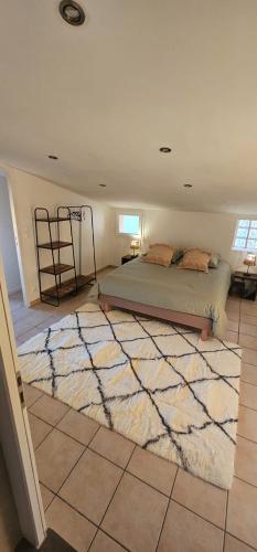 - une chambre avec un lit et un grand tapis dans l'établissement Appartement T2, à Saint-Vincent-de-Paul