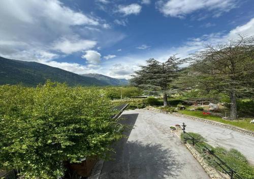 a winding road with trees and mountains in the background at Appartamento Rustico con vista sulla Valle Stura in Aisone