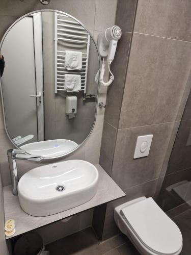 a bathroom with a sink and a mirror and a toilet at Hotel S in Berane
