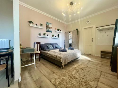 a bedroom with a bed with blue pillows and a desk at City Centre Piac Flat in Debrecen