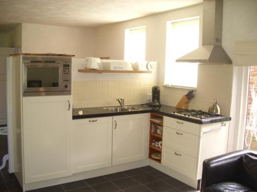 eine Küche mit einer Spüle und einer Mikrowelle in der Unterkunft Appartement De Bosuil in Groesbeek