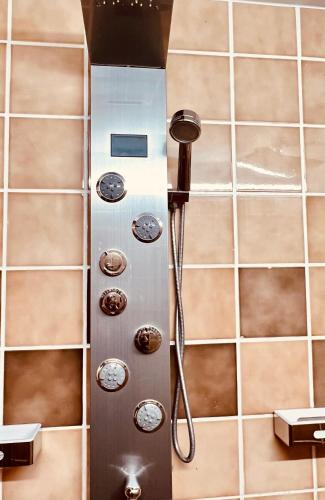a shower with a shower head in a bathroom at Liebevoll hinterm Deich in Lehe