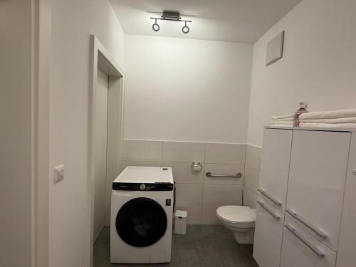 a white bathroom with a washer and a toilet at Ferienwohnung am Schlosspark in Altmünster