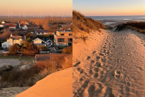 two pictures of footprints in the sand on a beach at KINARA in CAMBER in Camber