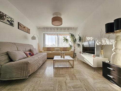 un salon avec un canapé et une télévision dans l'établissement Superbe 2 pièces 70m parking privé climatisation, à Saint-Laurent-du-Var