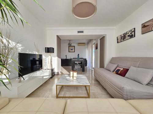 un salon avec un canapé et une télévision dans l'établissement Superbe 2 pièces 70m parking privé climatisation, à Saint-Laurent-du-Var