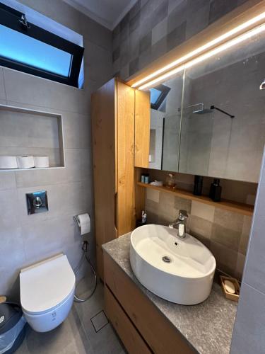 a bathroom with a white sink and a toilet at Villa SAMBA in Kamilari