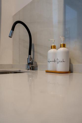 two bottles of hand soap sitting on a kitchen counter at Accommodation for 4 people in Valencia