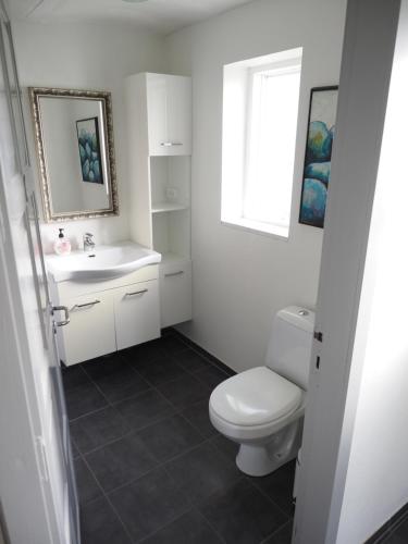 a white bathroom with a toilet and a sink at Skovgårdens Apartment in Grindsted