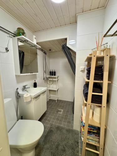 a small bathroom with a toilet and a sink at Villa Santala in Naantali
