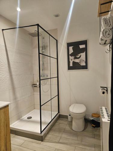 La salle de bains est pourvue d'une cabine de douche et de toilettes. dans l'établissement L appartement du Clos Loret - Alençon, à Saint-Germain-du-Corbéis