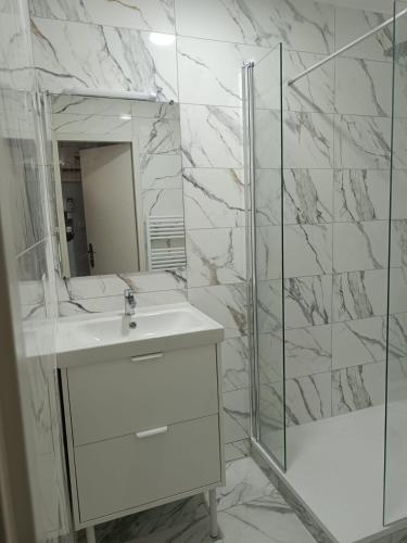 une salle de bain avec un lavabo et un miroir dans l'établissement Bagnol Cosy- 3 personnes - 30 minutes Avignon, à Bagnols-sur-Cèze