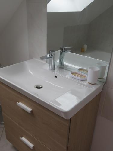 une salle de bain avec un lavabo blanc et un miroir dans l'établissement Gîte Pitouchig proche Golfe du Morbihan, à Pluneret