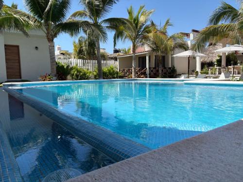 a swimming pool with blue water and palm trees at Villa Marena Hotel Boutique in Coyuca