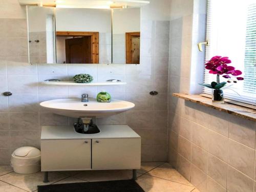 ein Badezimmer mit Waschbecken und Spiegel in der Unterkunft Bungalow by Lake Kummerow with Private Beach in Sommersdorf