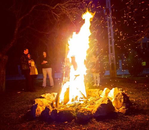 a person standing around a fire pit at night at Voinescu House - Natural Living & Eating in Şimon