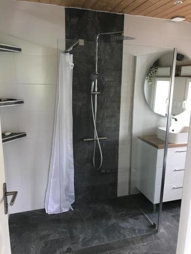 une salle de bain avec une douche avec un rideau de douche dans l'établissement Balcon sur l'èvre, à Montrevault